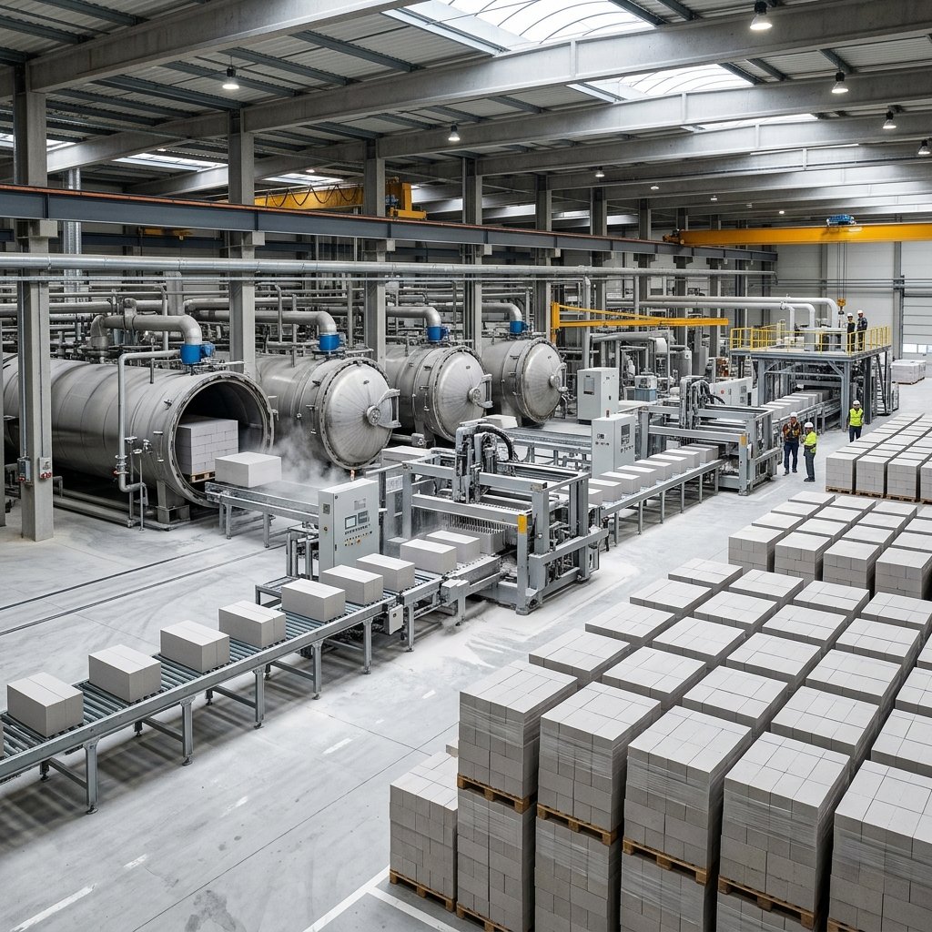 High performance automated AAC block plant and heavy machinery layout