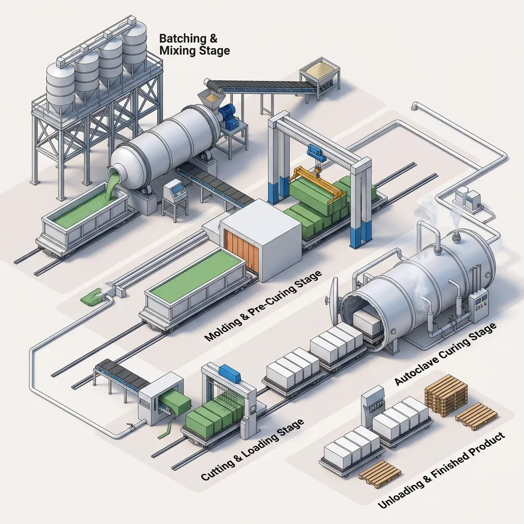 Lightweight concrete block manufacturing process plant layout